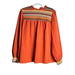 Vintage Women’s Blouse Rust Orange Embroidered Sleeve Size Medium/Large Y2K